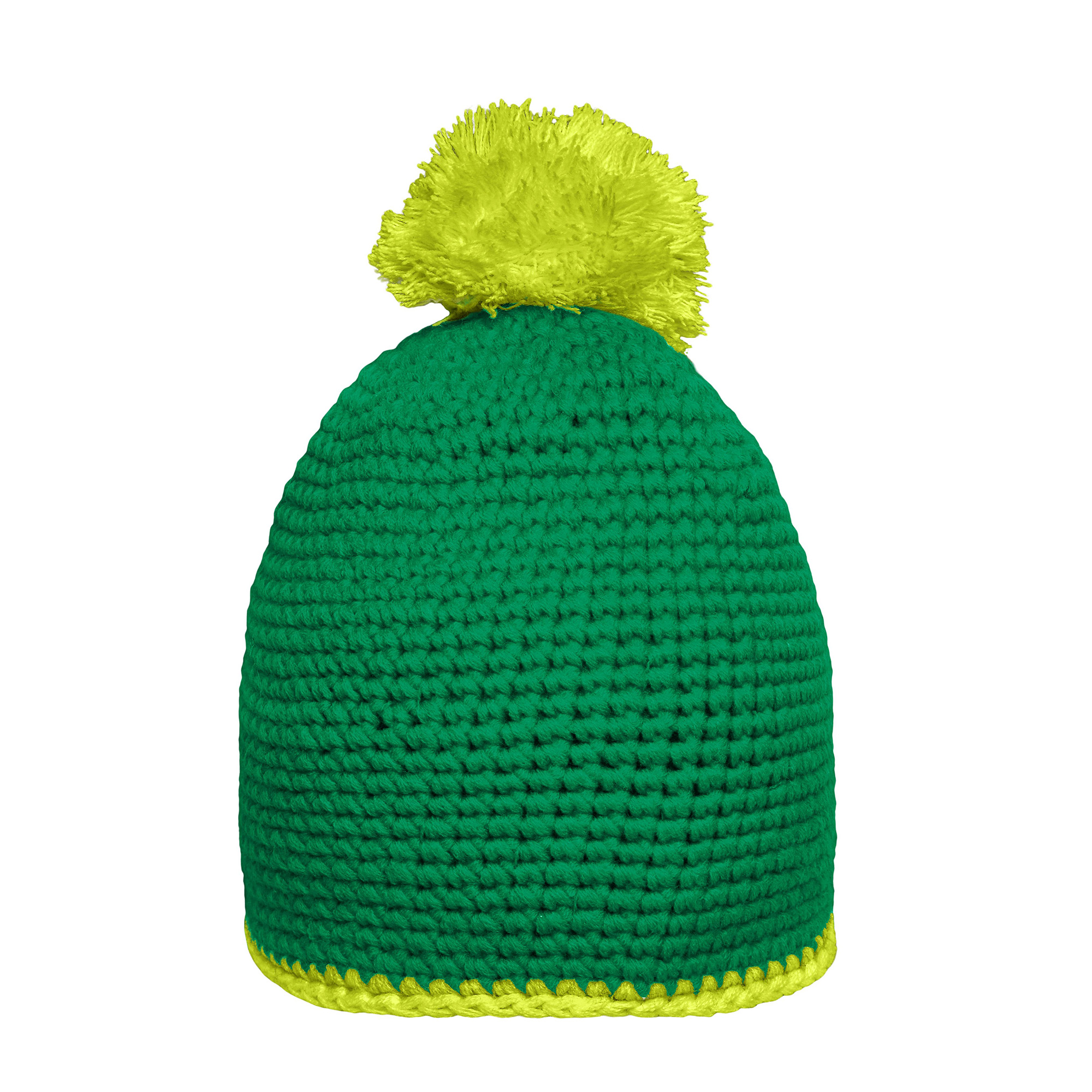 Häkelmütze mit Kontrastband und Pompom, grün/hellgelb