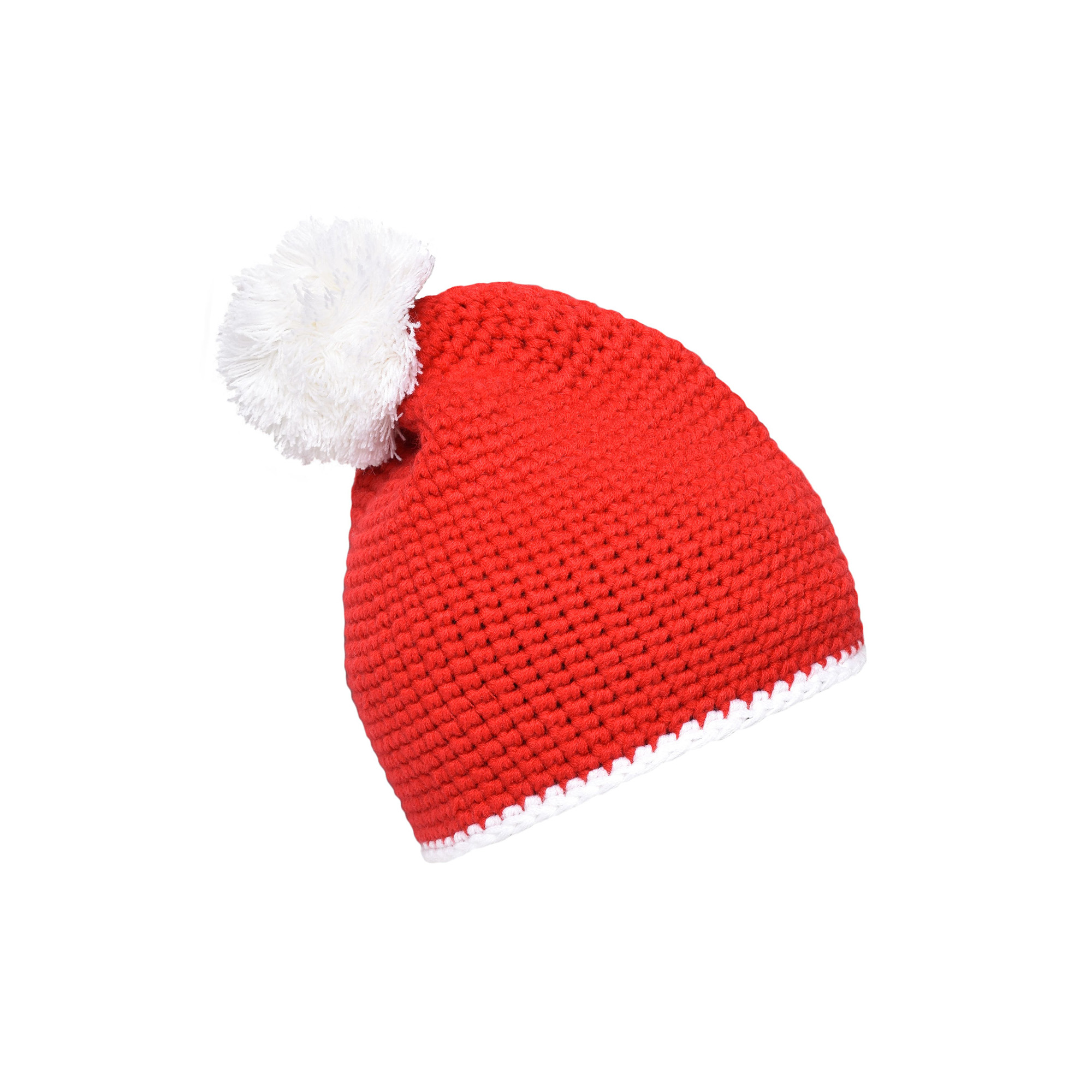 Häkelmütze mit Kontrastband und Pompom, rot/weiß