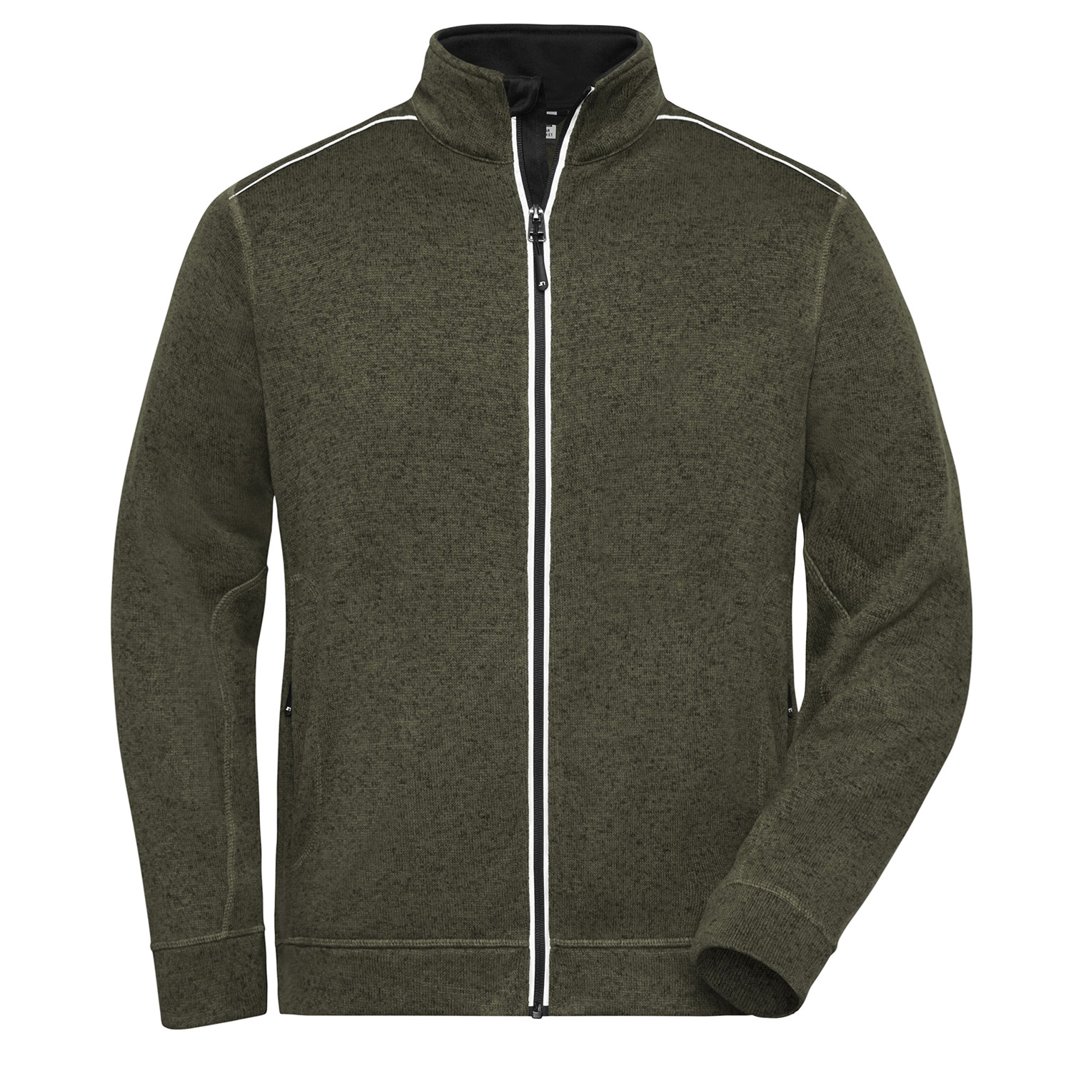 Herren-Strickfleecejacke Solid, olive meliert/schwarz