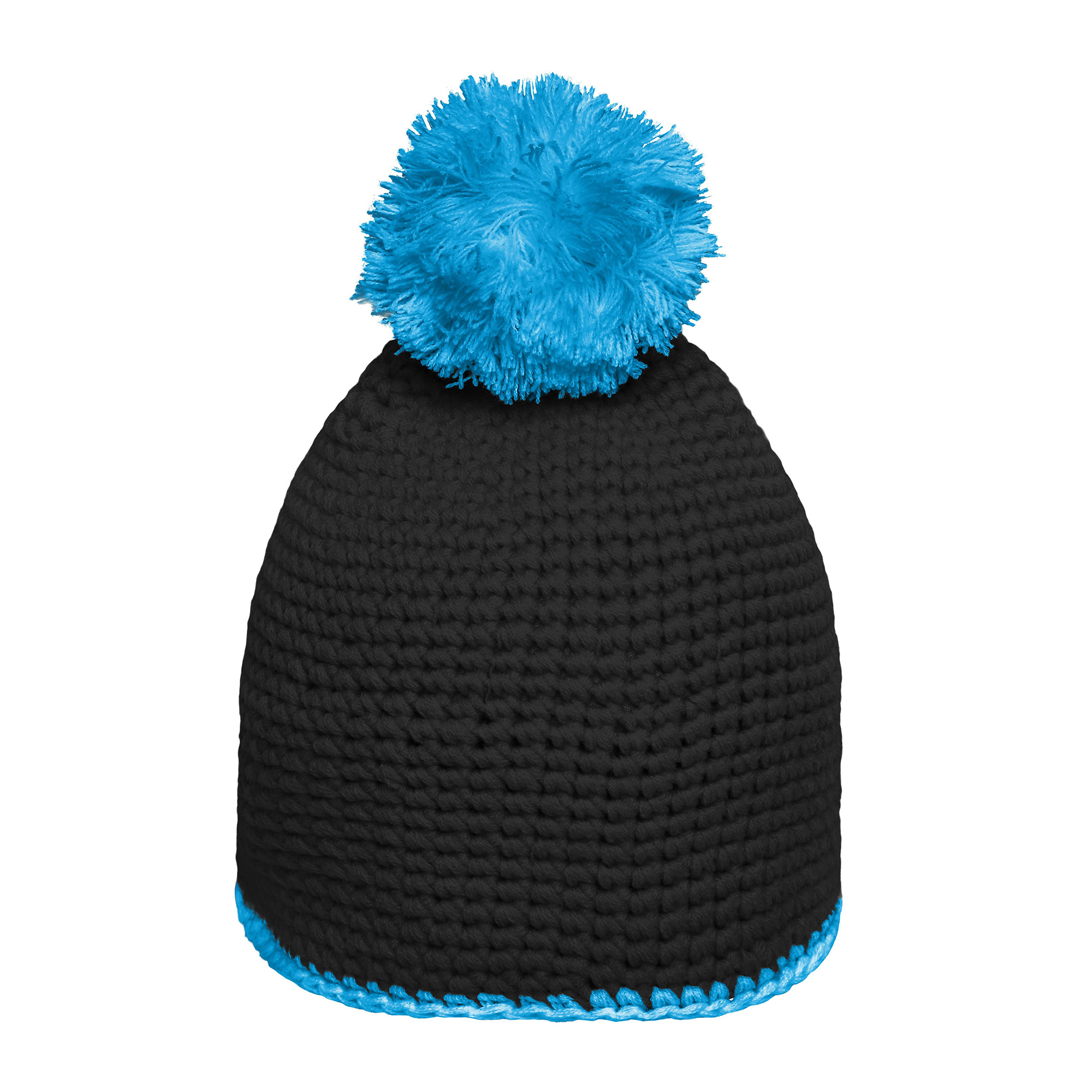 Häkelmütze mit Kontrastband und Pompom, schwarz/türkis