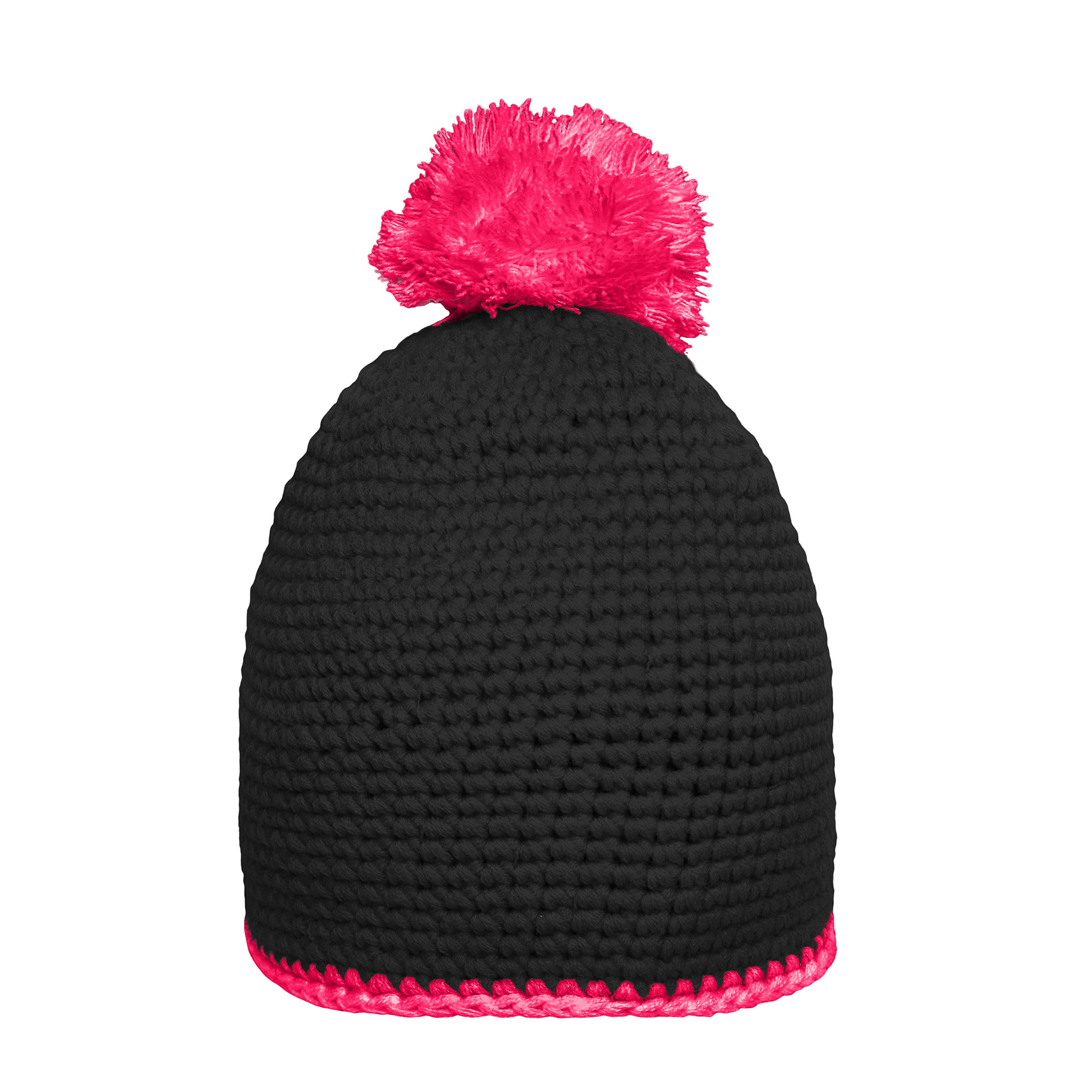 Häkelmütze mit Kontrastband und Pompom, schwarz/pink