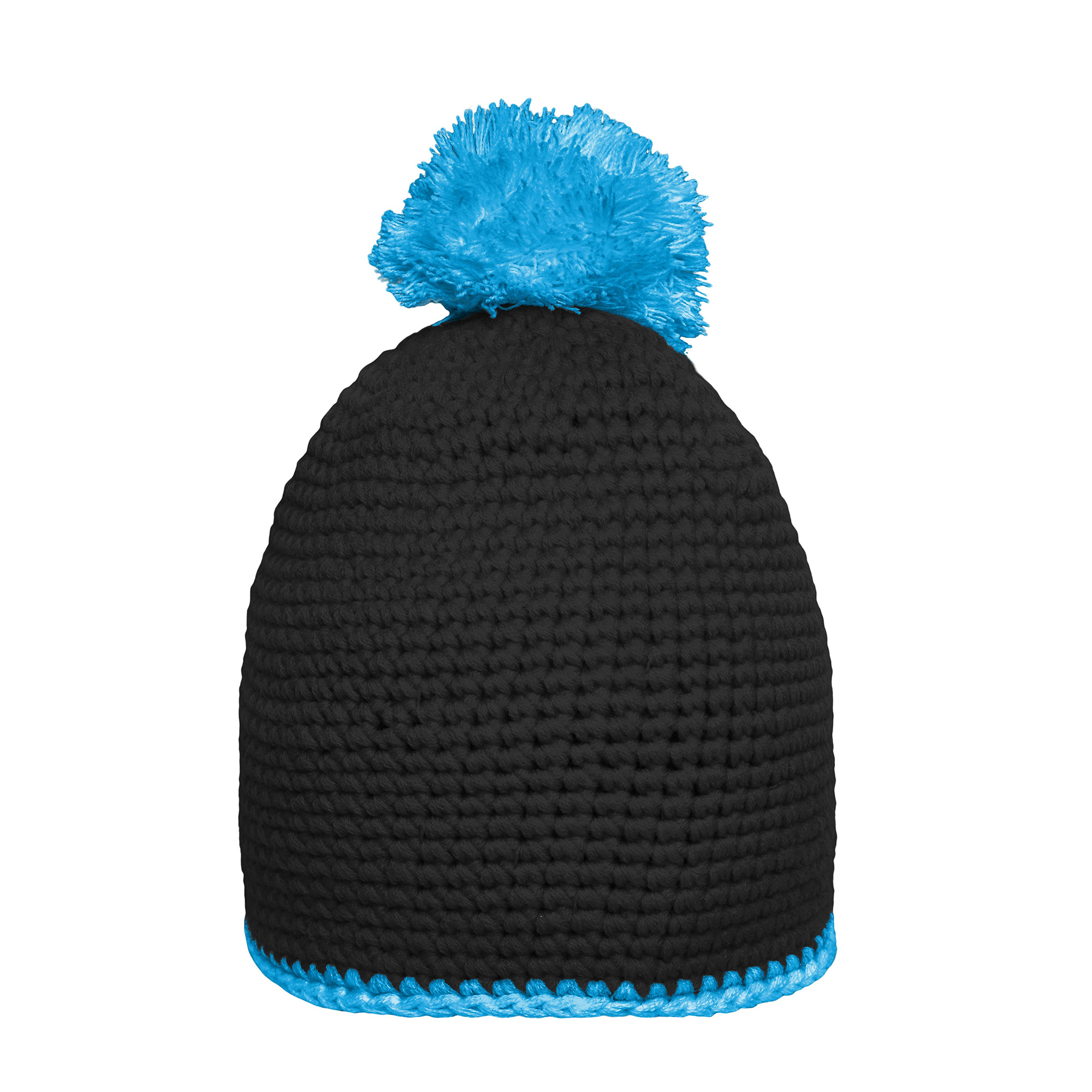 Häkelmütze mit Kontrastband und Pompom, schwarz/türkis