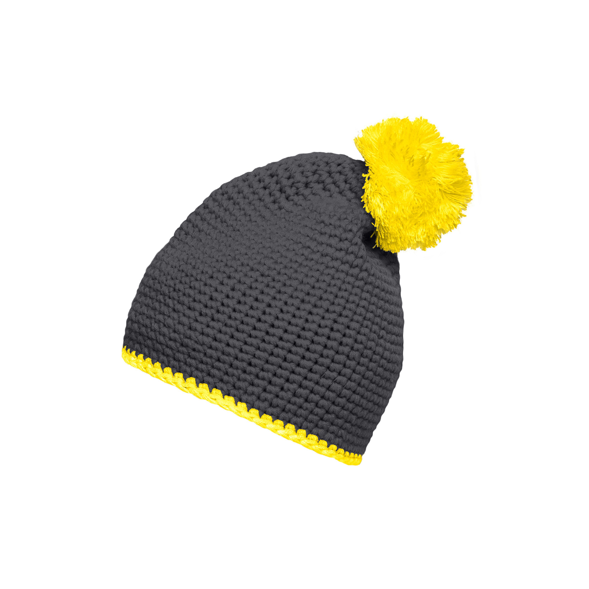Häkelmütze mit Kontrastband und Pompom, carbon/gelb