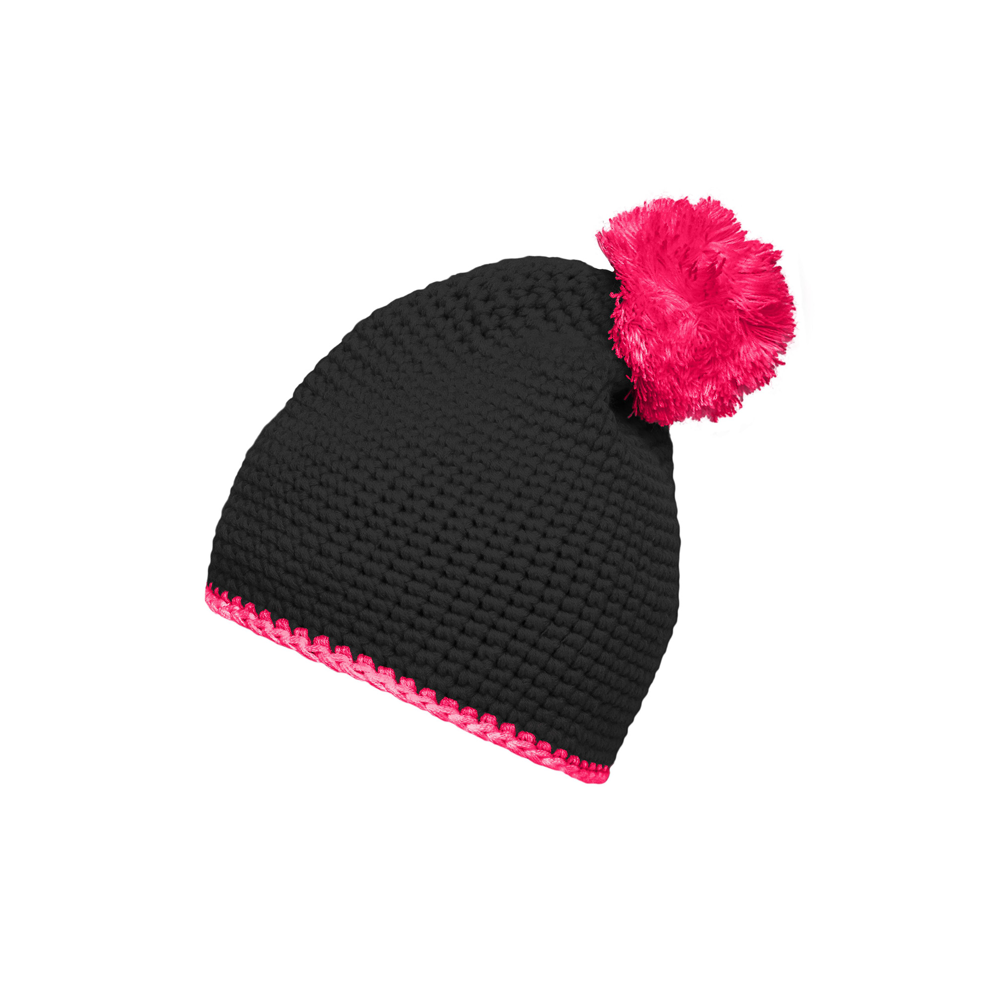 Häkelmütze mit Kontrastband und Pompom, schwarz/pink