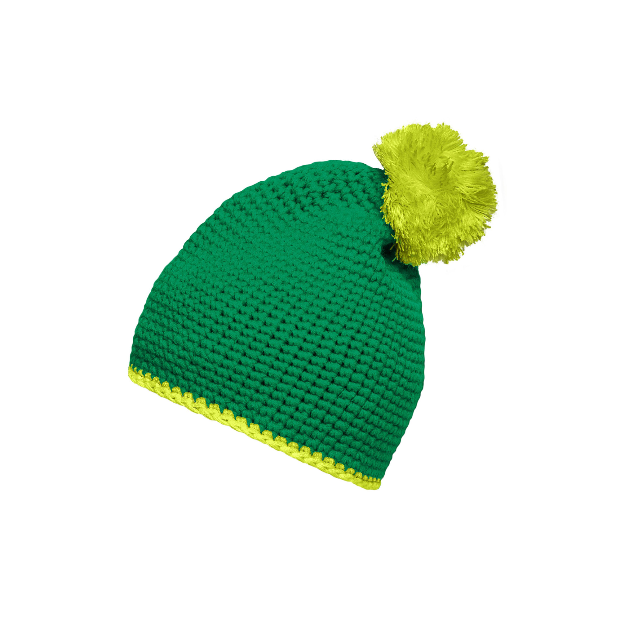 Häkelmütze mit Kontrastband und Pompom, grün/hellgelb
