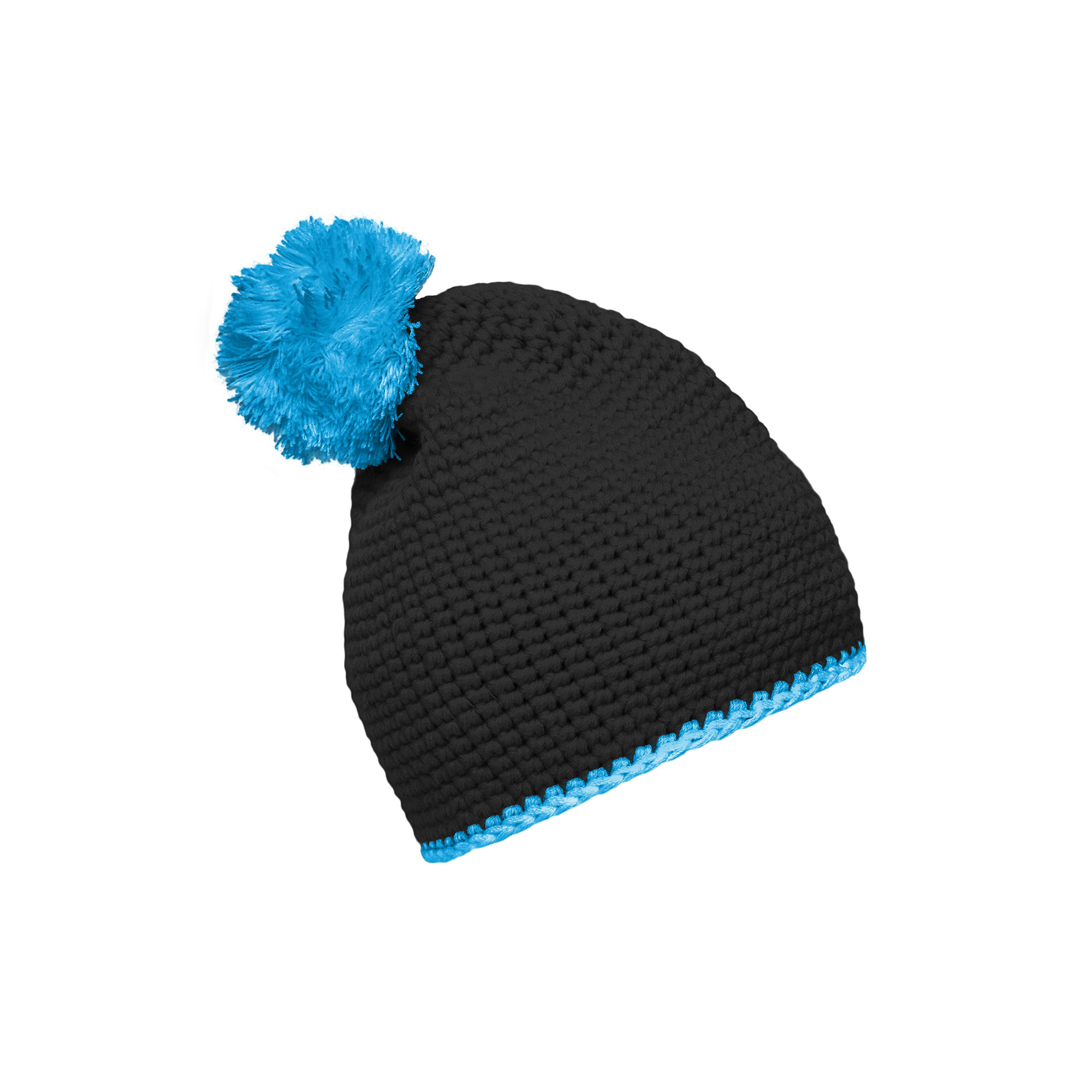 Häkelmütze mit Kontrastband und Pompom, schwarz/türkis