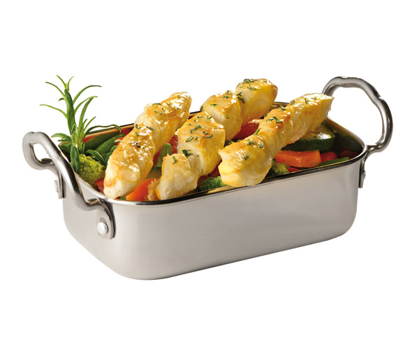Mini-Servierpfanne 14,5 x 9,5 cm, H: 4,5 / 7,5 cmEdelstahl, Griffe je 1,5 cm 