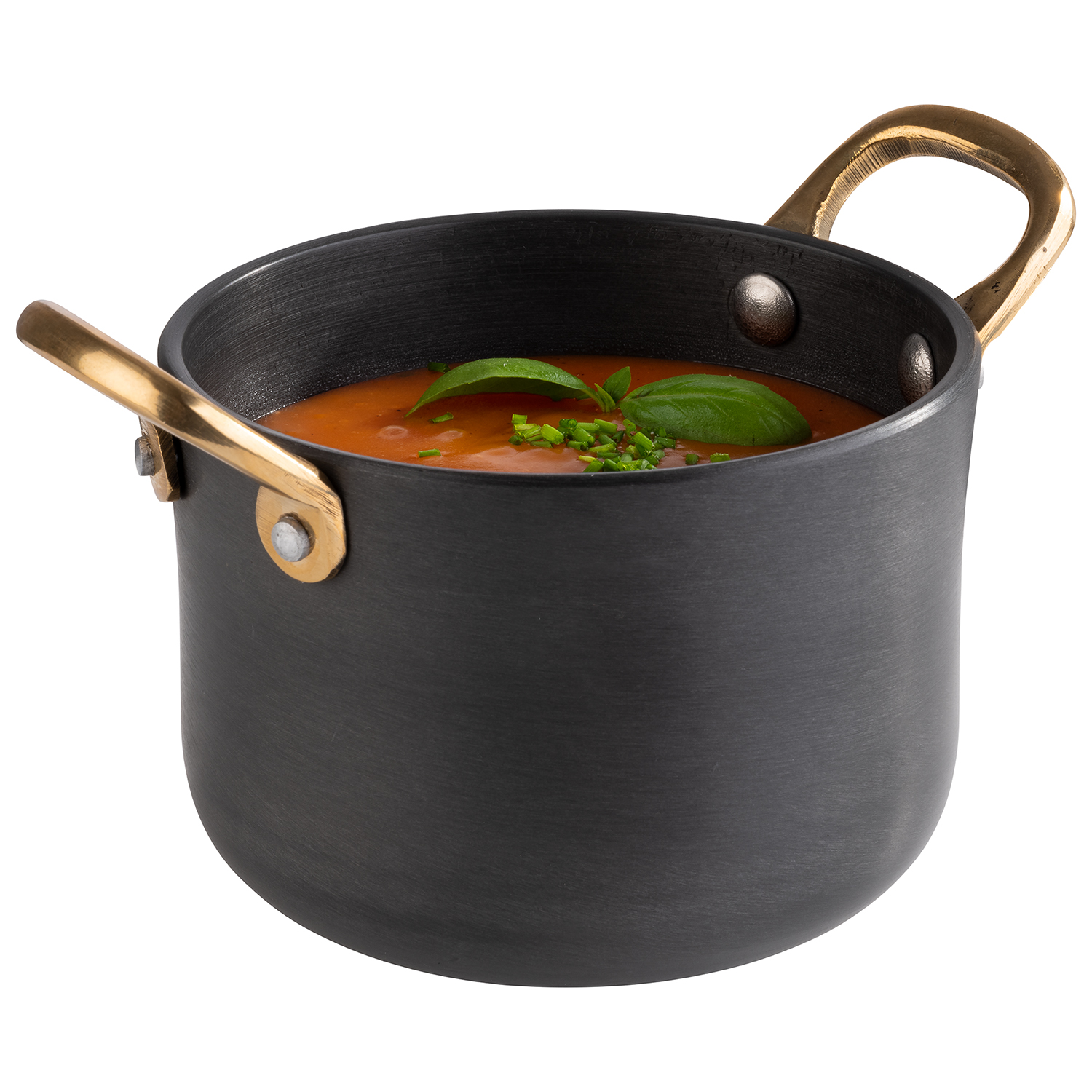 Serviertöpfchen, Aluminium anthrazit, Griffe aus Messing              