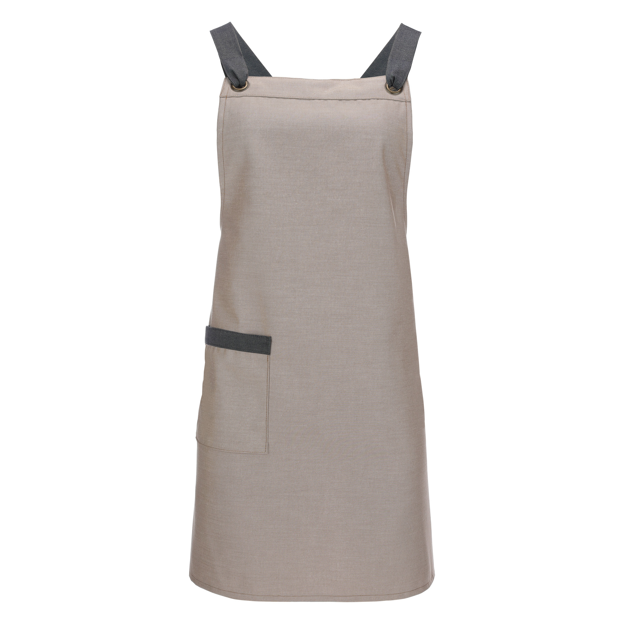 Latzschürze Paula Ösen 85 x 80 cm, Jeanslook sand, gekreuzte Bindebänder im Rücken,