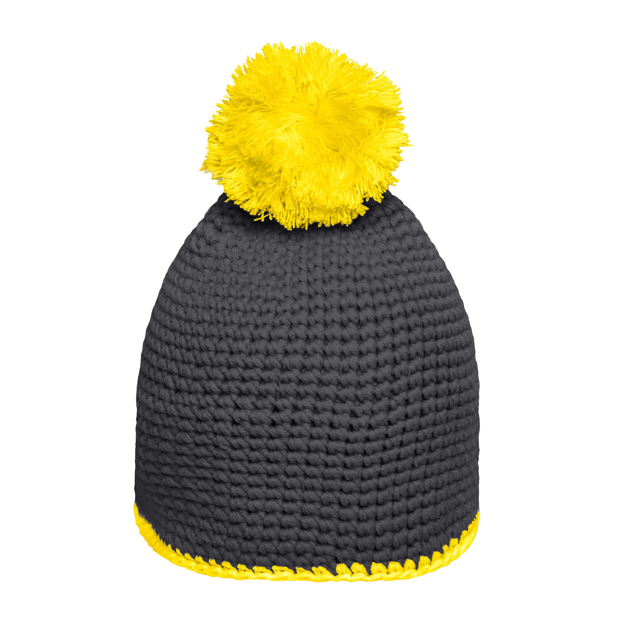 Häkelmütze mit Kontrastband und Pompom, carbon/gelb