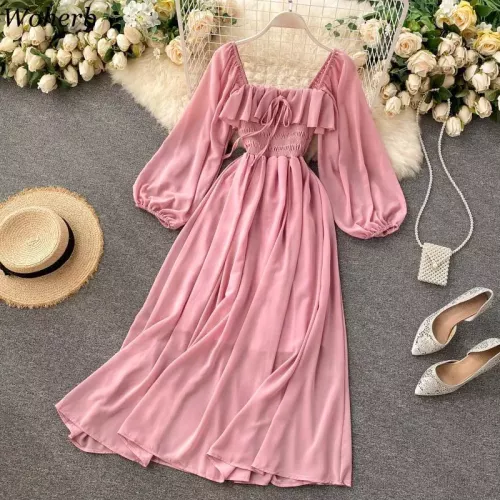 Élégant col carré robe automne femmes mousseline solide manches bouffantes robes coréennes mode vintage volant bureau robe