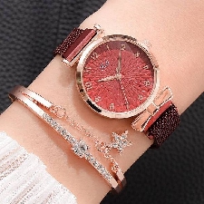 Montre De Luxe À Quartz Magnétique Pour Femmes,Bracelet De Sport,Cadran Rose,Horloge - Type Magnet Red Set