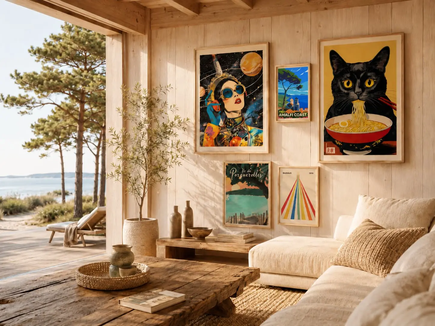 Affiches encadrées dans un intérieur chaleureux