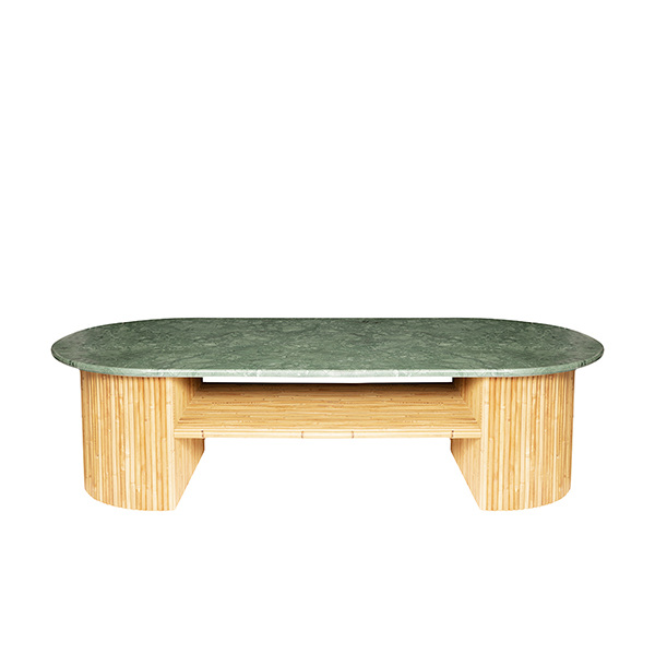 Table Basse Riviera, Vert - L144 x l66 x H40 cm - Marbre de Carrare / Rotin - image 1