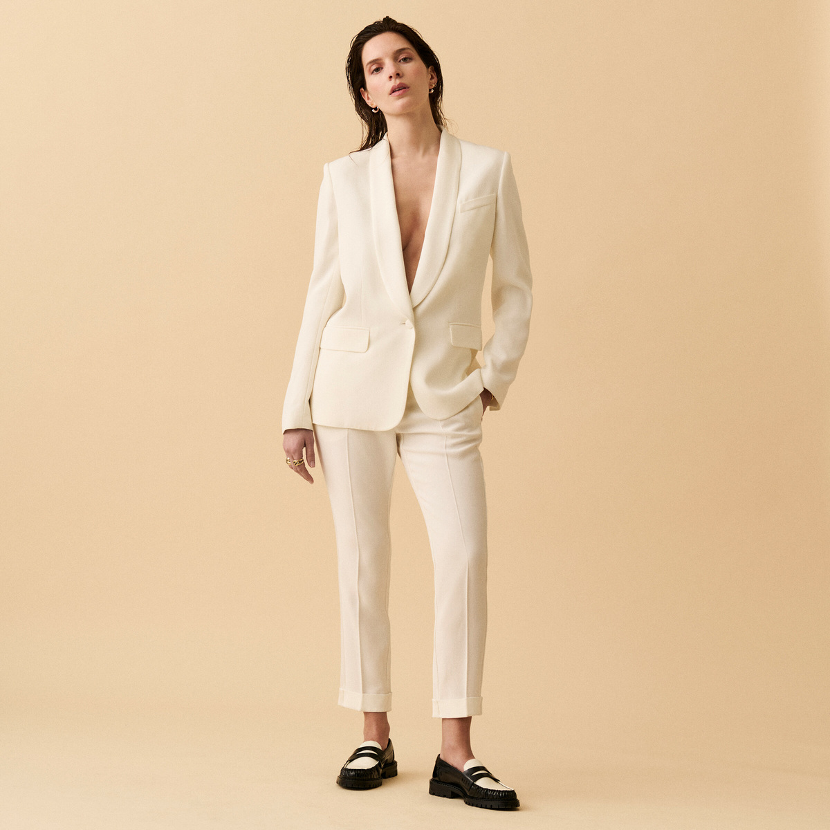Tuxedo Pants Claude, White - 7/8 cut with large lapel - Viscose / Satin - image 1