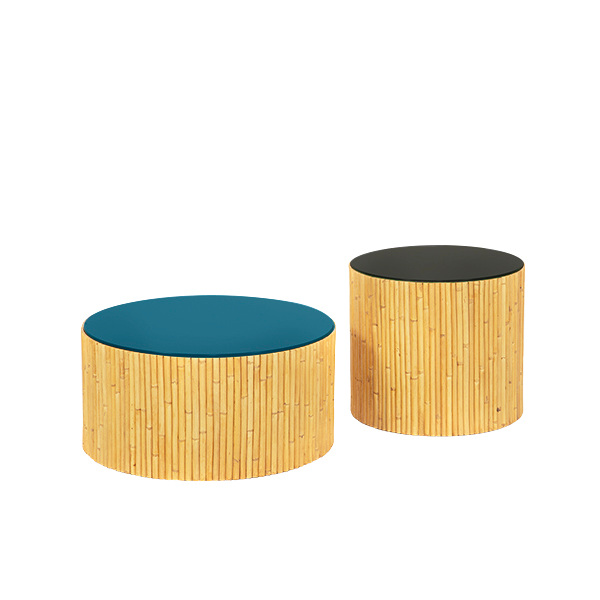 Duo of Coffee Tables Rivera, Bleu Sarah / Black - ø60 x H30 cm and ø45 cm x H40 cm - Rattan / Lacquered wood - image 1