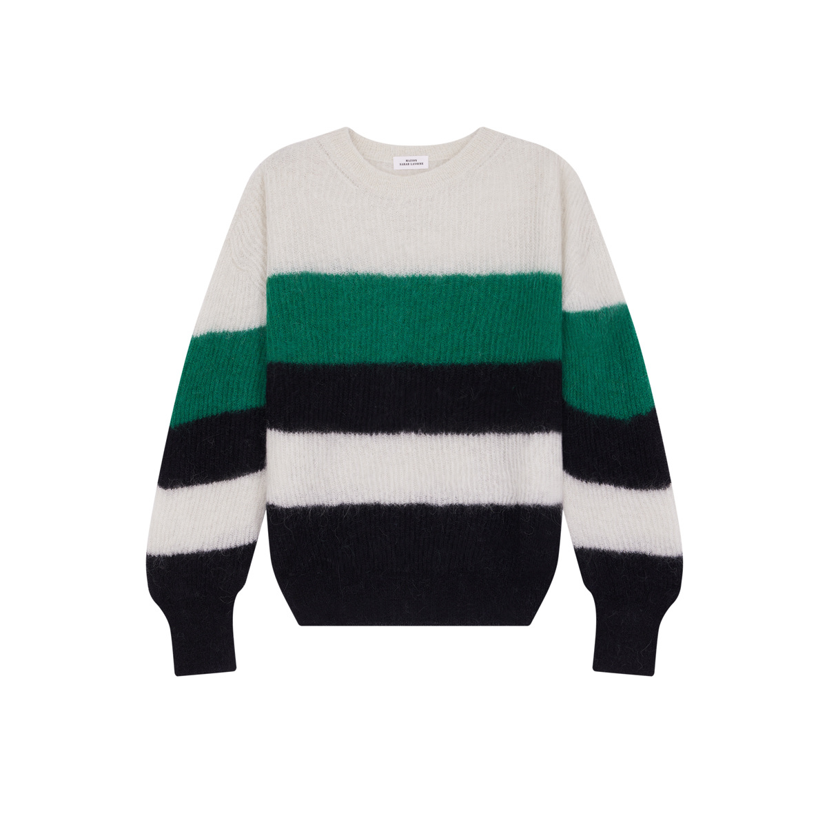 Sweater Torino, Round neck - Ecru, Green and Black - Mohair et Alpaga - image 1