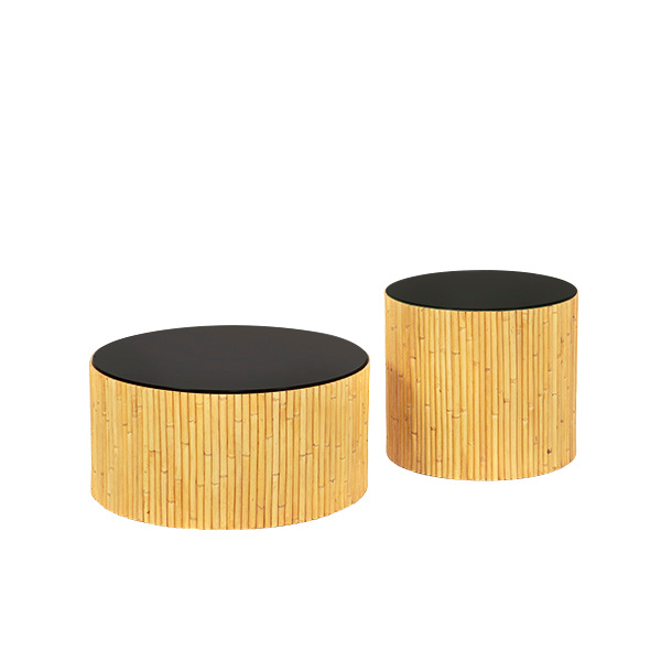 Duo of Coffee Tables Rivera, Natural / Black - ø60 x H30 cm and ø45 x H40 cm - Rattan / Lacquered wood - image 1