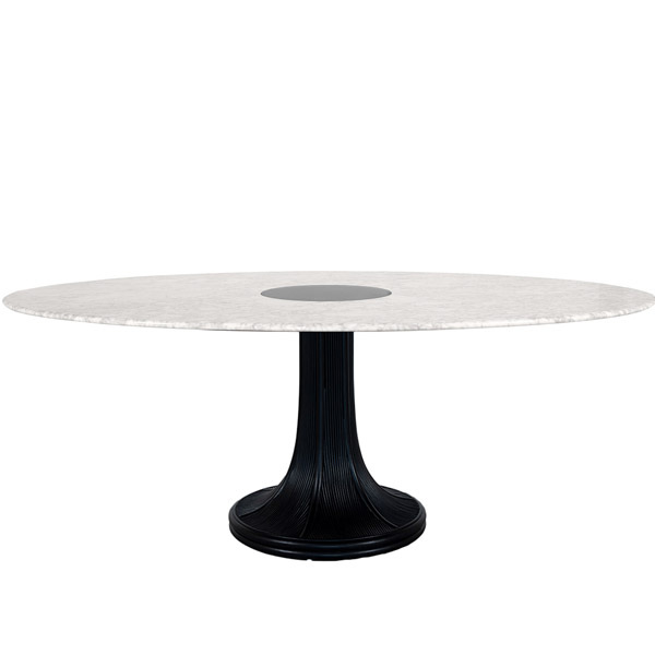 Table Haute à Manger Ovale Riviera, Blanc / Noir - L199 x l125 x H74 cm - Marbre de Carrare / Rotin - image 1