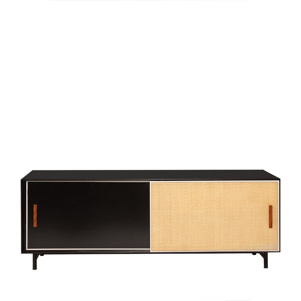 TV Cabinet Essence, Black / Ivory - L140 x W50 x H42 cm - Lacquered wood / Rattan / Steel - image 1