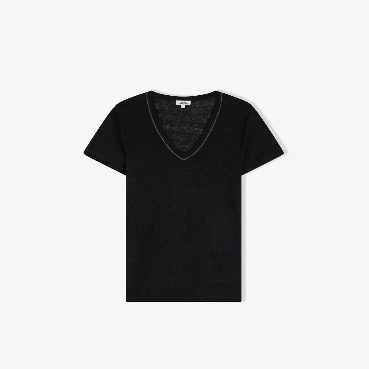 T-shirt Salin, Noir - T-shirt col V finition lurex doré - 100% lin - image 2