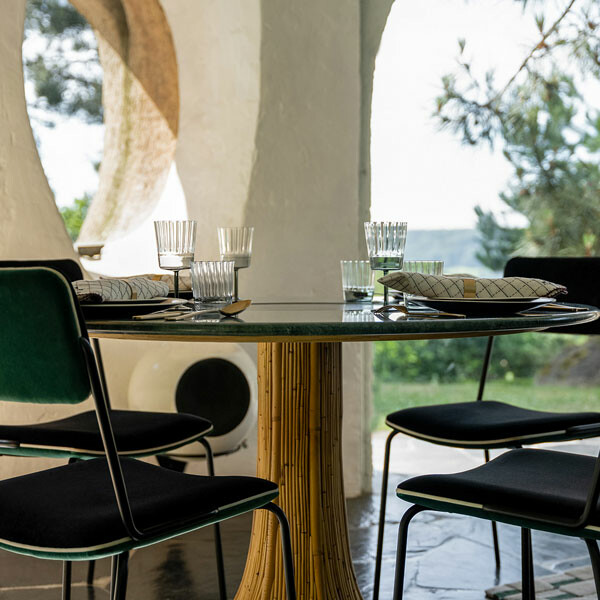 Table Haute à Manger Riviera, Vert / Naturel - ø120 x H74 cm - Marbre de Carrare / Rotin - image 2