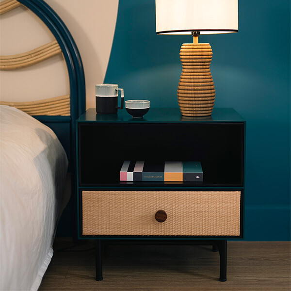 Bedside Table Essence, Green - L55 x W38 x H55 cm - Rattan / Velvet - image 2