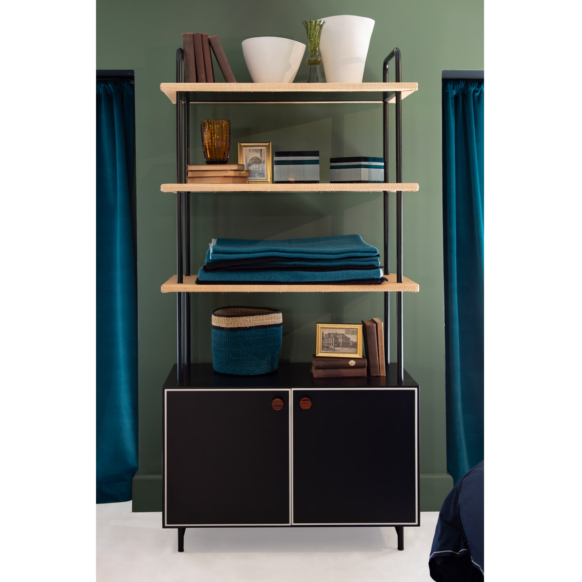 Bookcase Essence, Black / Ivory - L95 x W45 x H190 cm - Lacquered wood / Rattan / Steel - image 4