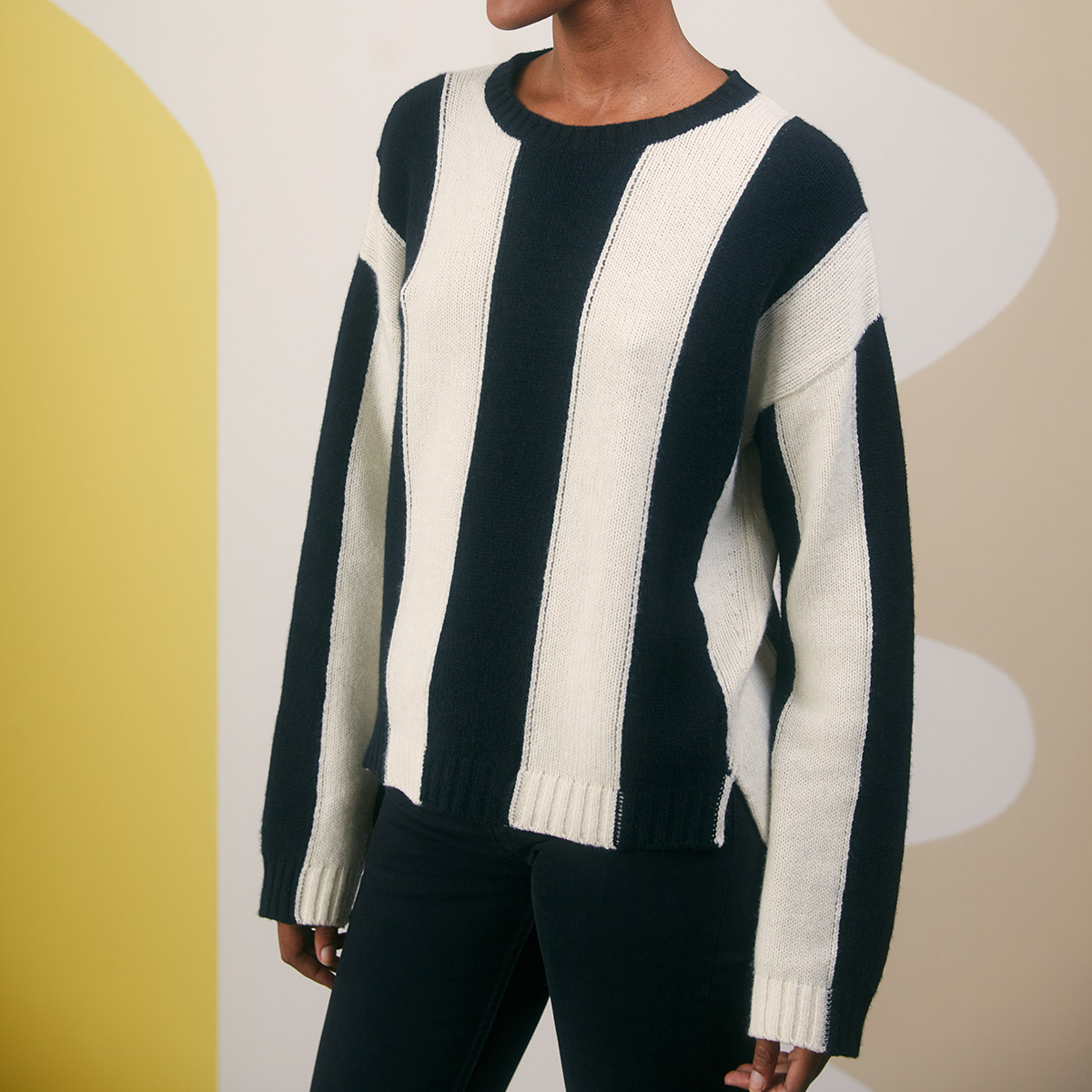 Concorde jumper, Black / White striped - Round neck - Wool and Cashmere - image 1