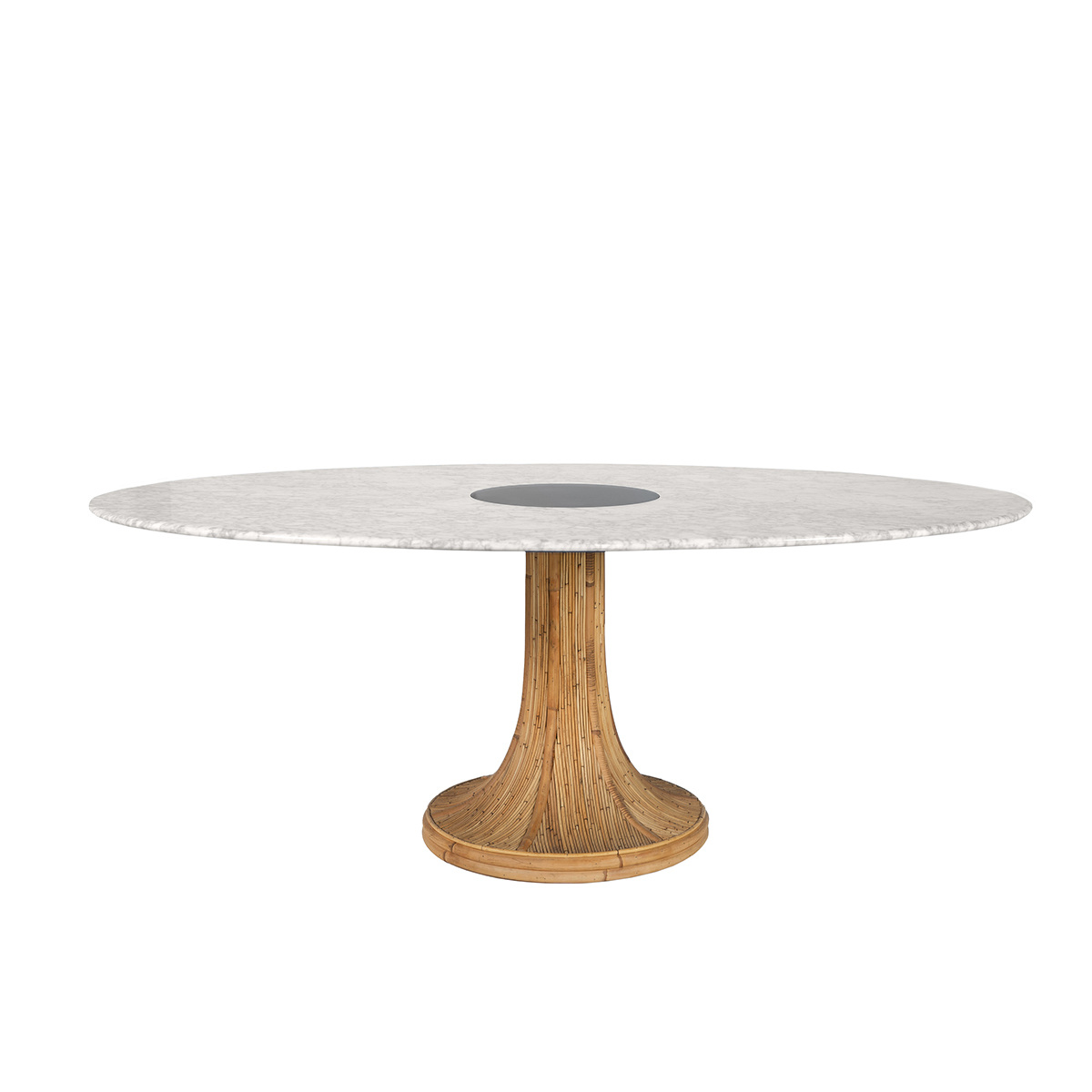Table Haute à Manger Ovale Riviera, Blanc / Naturel - L199 x l125 x H74 cm - Marbre de Carrare / Rotin - image 1