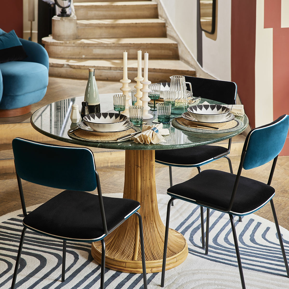 High Dining Table Table, Green / Natural - ø120 x H74 cm - Carrara marble / Rattan - image 1