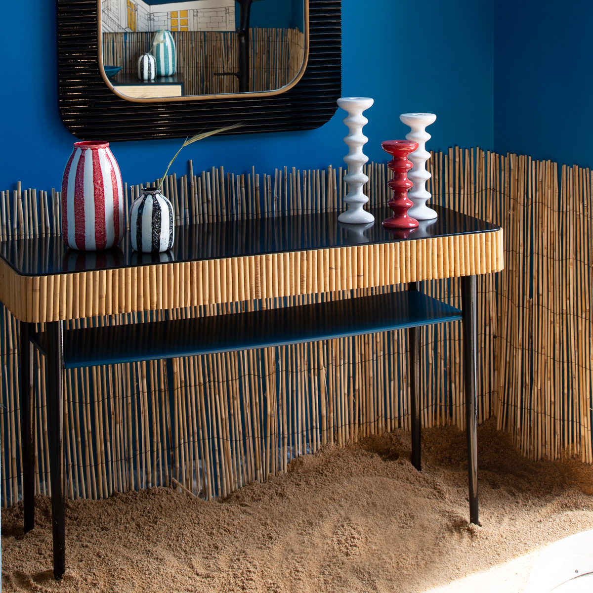 Console Table Riviera, Bleu Sarah - L120 cm - Rattan / Lacquered wood - image 6