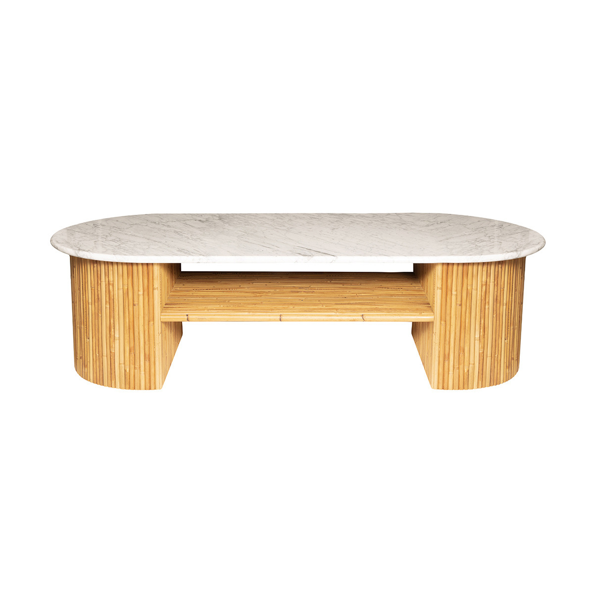 Table Basse Riviera, Blanc - L144 x l66 x H40 cm - Marbre de Carrare / Rotin - image 1