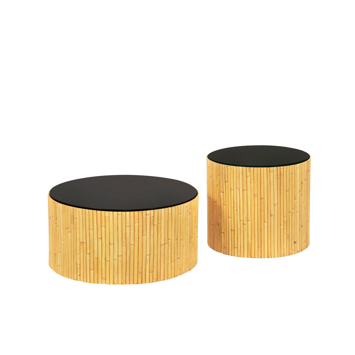 Duo de Tables Basses Riviera, Naturel / Noir - ø60 x H30 cm et ø45 x H40 cm - Rotin / Bois Laqué - image 1