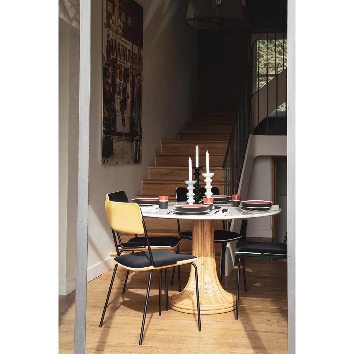 Table Haute à Manger Riviera, Blanc / Naturel - ø120 x H74 cm - Marbre de Carrare / Rotin - image 5