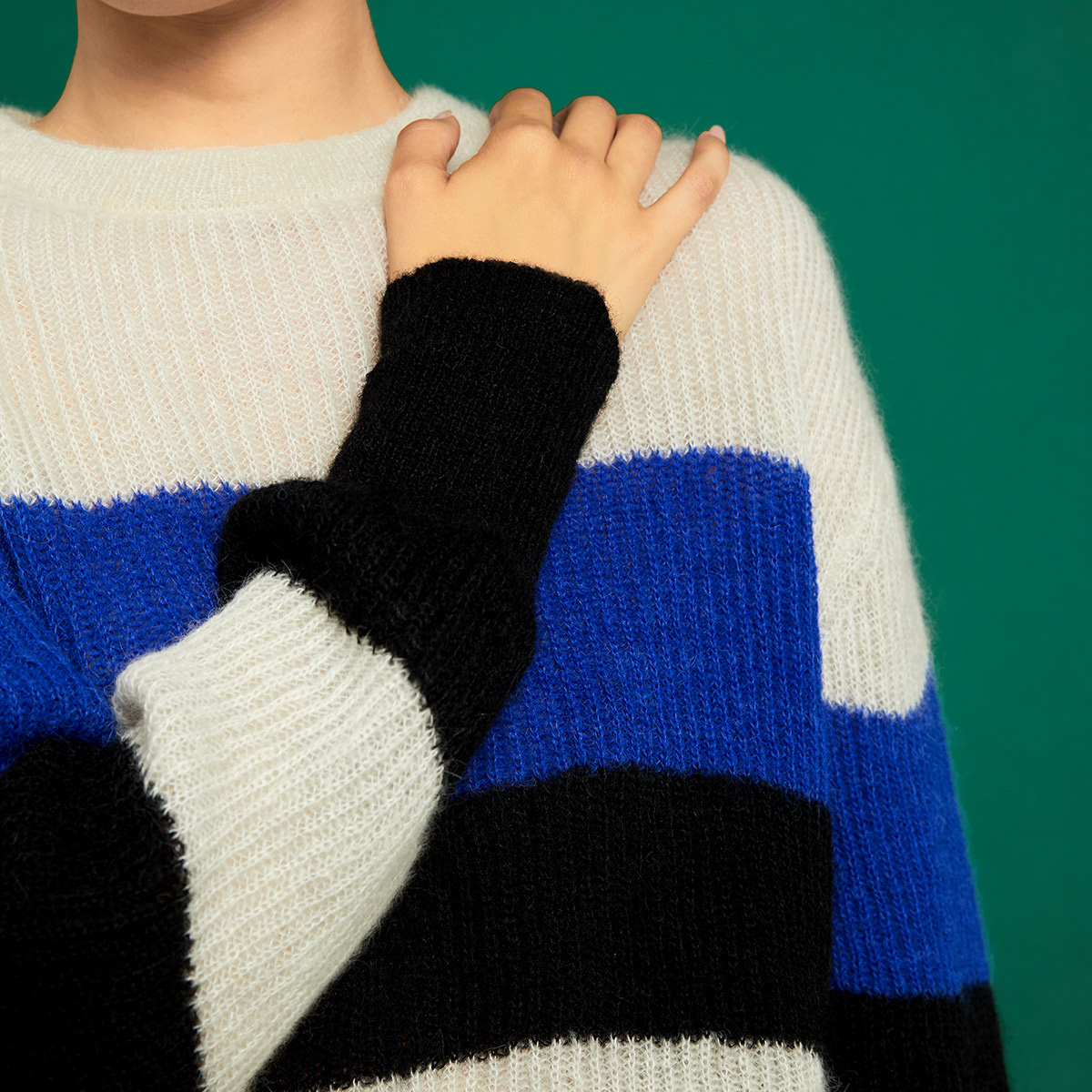 Sweater Torino, Round neck - Ecru, Indigo and Black - Mohair and Alpaca - image 3